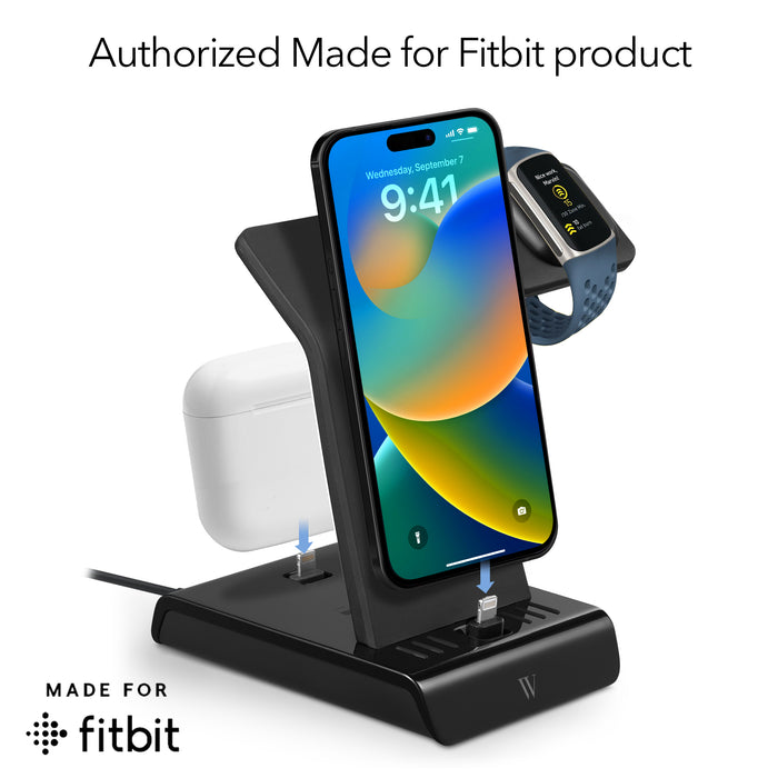 iPhone Charging Station 3-in-1 for Multiple Devices (iPhone, AirPods, and Fitbit) - Made for Fitbit (Black, 1 Pack)