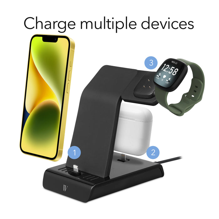 iPhone Charging Station 3-in-1 for Multiple Devices (iPhone, AirPods, and Fitbit) - Made for Fitbit (Black, 1 Pack)