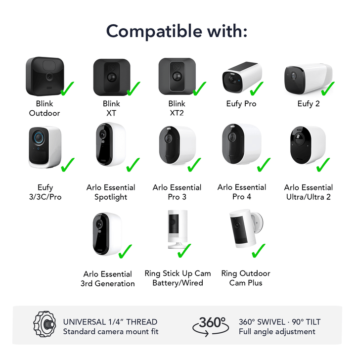 Wasserstein Camera Mount for Blink Outdoor/XT/XT2, Ring Stick Up Cam Battery/Wired, Ring Outdoor Cam Plus, Arlo Essential Spotlight/Pro 3/4/Ultra/Ultra 2, eufyCam 2/Pro - 360° Swivel (2-pack)