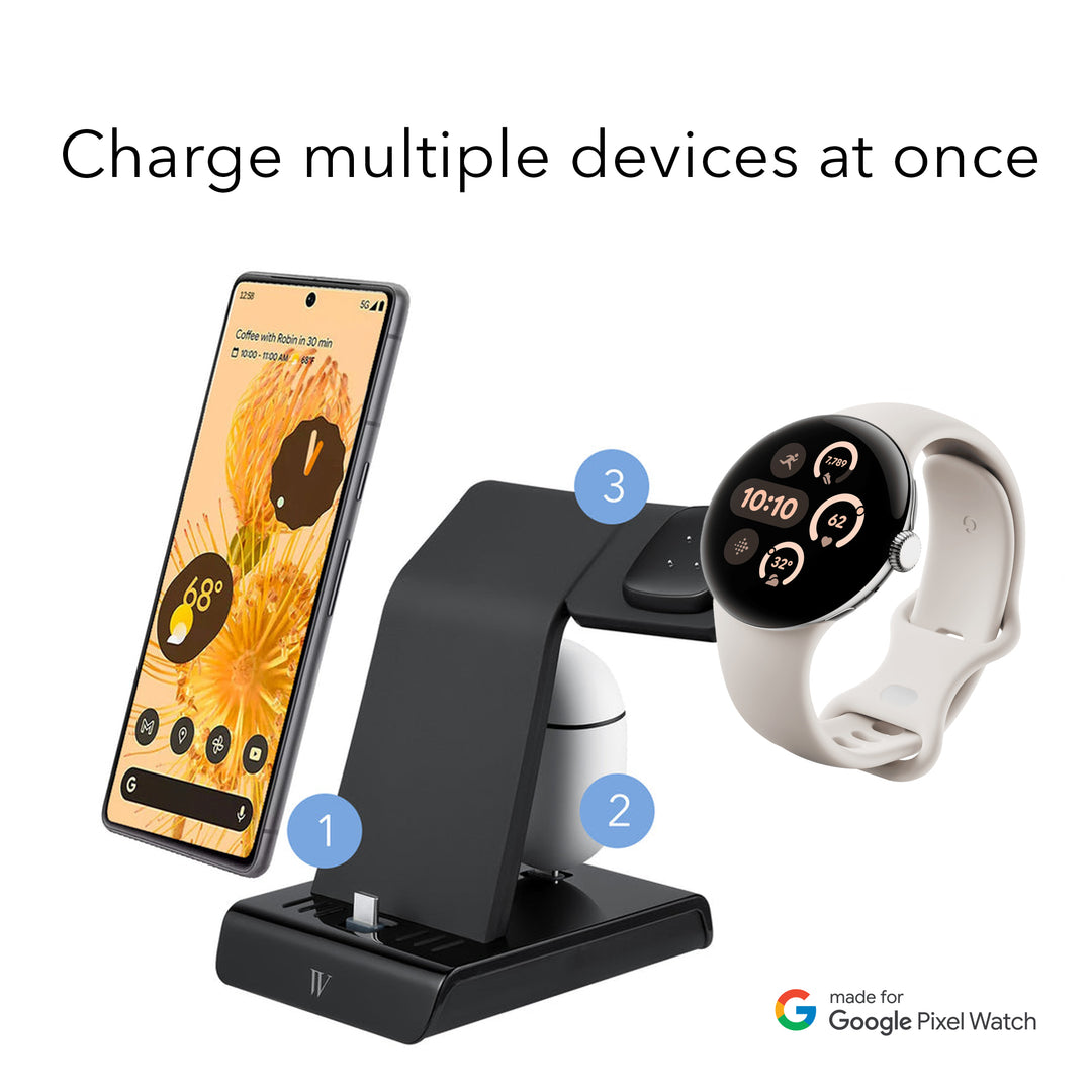 Wasserstein 3-in-1 Charging Station Made for Google Pixel, Pixel Buds, Fitbit Charge 5, 6, Versa 3, 4, Sense, Sense 2, Ace LTE & Pixel Watch 3 (New Version)