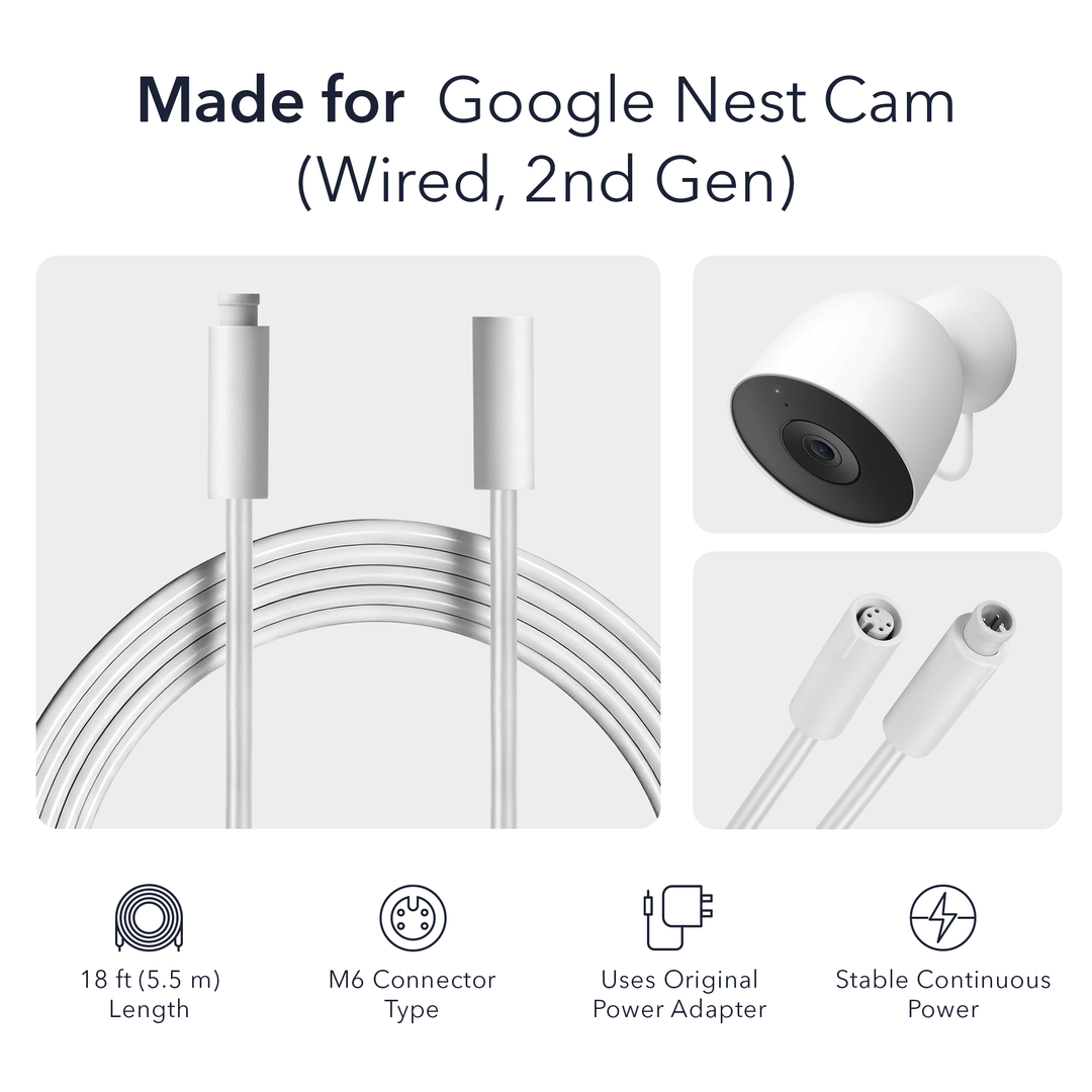 Wasserstein 18ft Cord for Google Nest Cam Outdoor (Wired, 2nd Gen)
