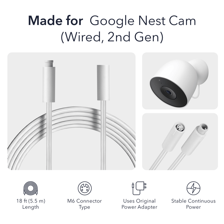 Wasserstein 18ft Cord for Google Nest Cam Outdoor (Wired, 2nd Gen)