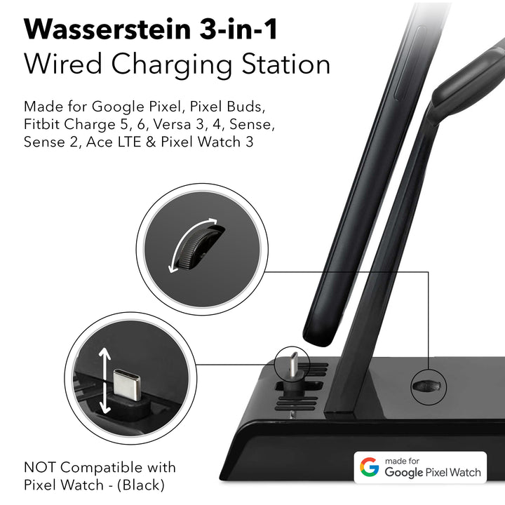 Wasserstein 3-in-1 Charging Station  + Google Pixel Watch 3 WiFi (Black / 41mm) Bundle | Made for Google