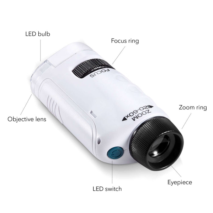 Dartwood Pocket Microscope - Mini Portable Microscope for Kids & Adults with LED - 60x-120x Magnification (White)